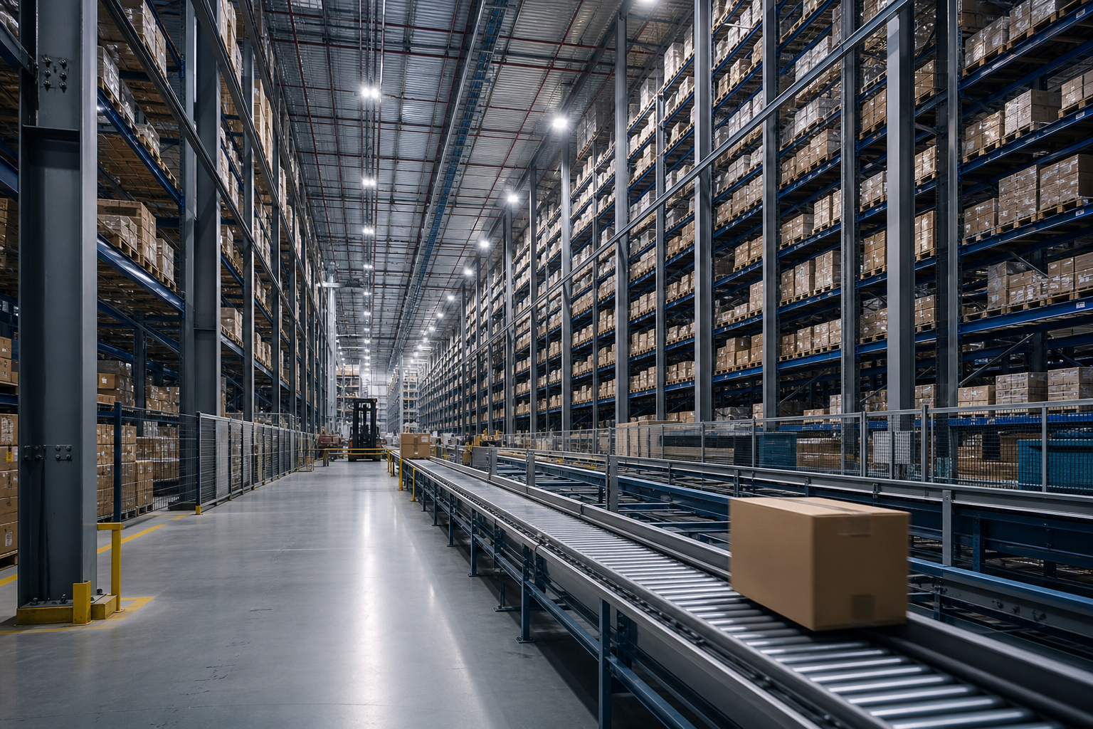 Modern automated high-bay warehouse interior with conveyor systems